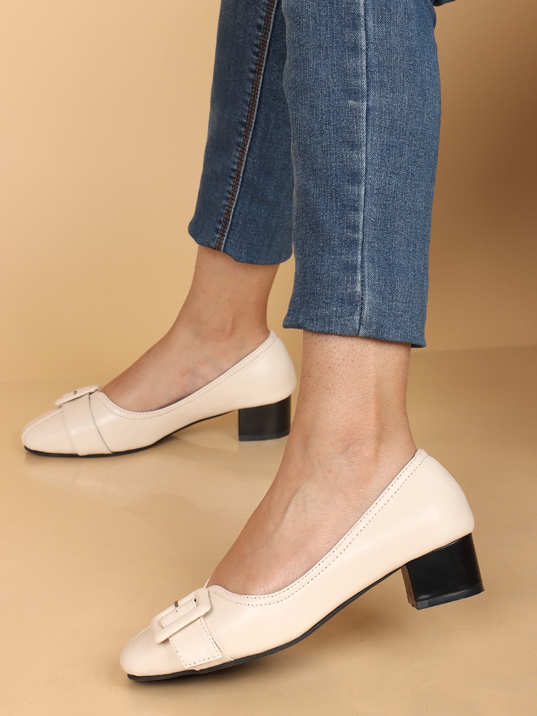 

ELLE Buckled Block Heel Pumps, Cream