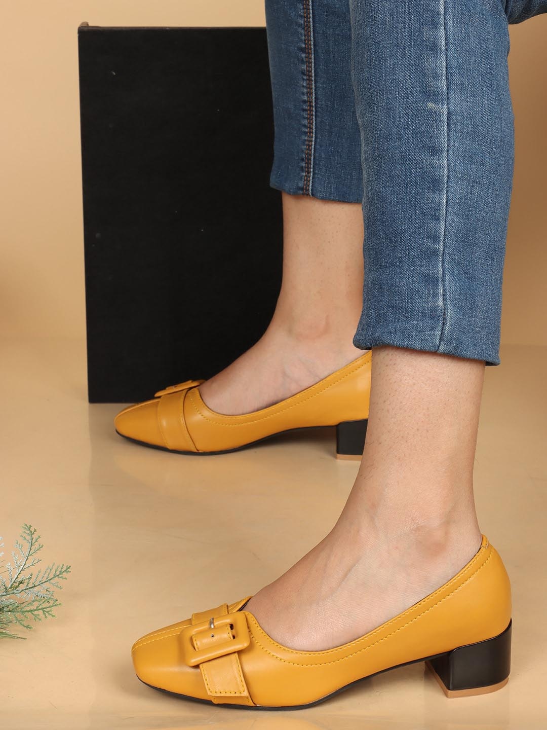 

ELLE Buckled Block Heel Pumps, Mustard