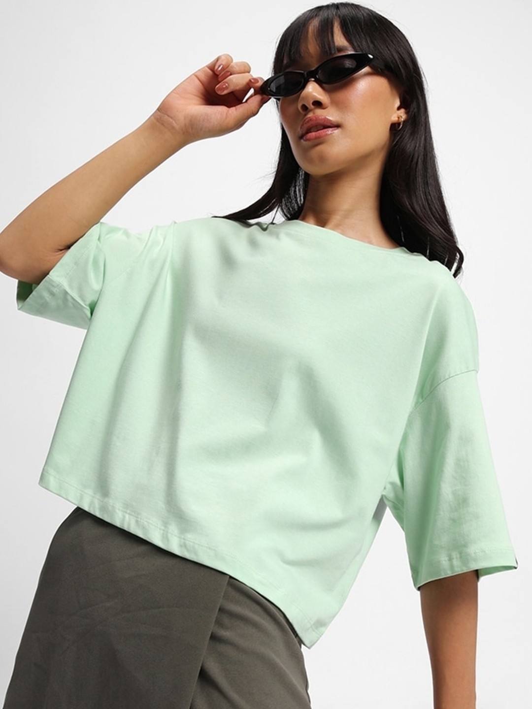 

Bewakoof Round Neck Cotton Crop Oversized T-shirt, Green