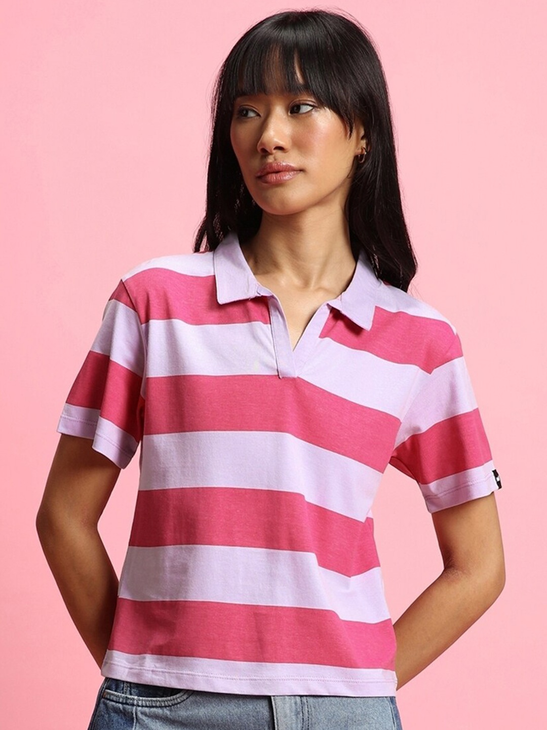 

Bewakoof Women Striped Polo Collar T-shirt, Pink