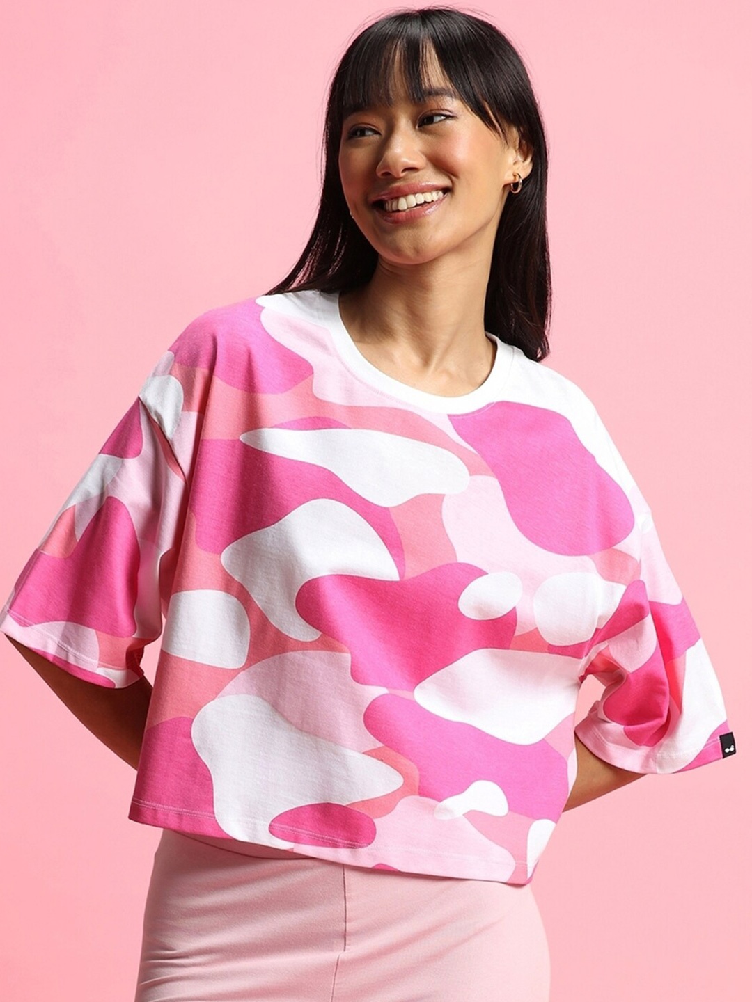 

Bewakoof Women Camo Printed Oversized Crop T-Shirt, White