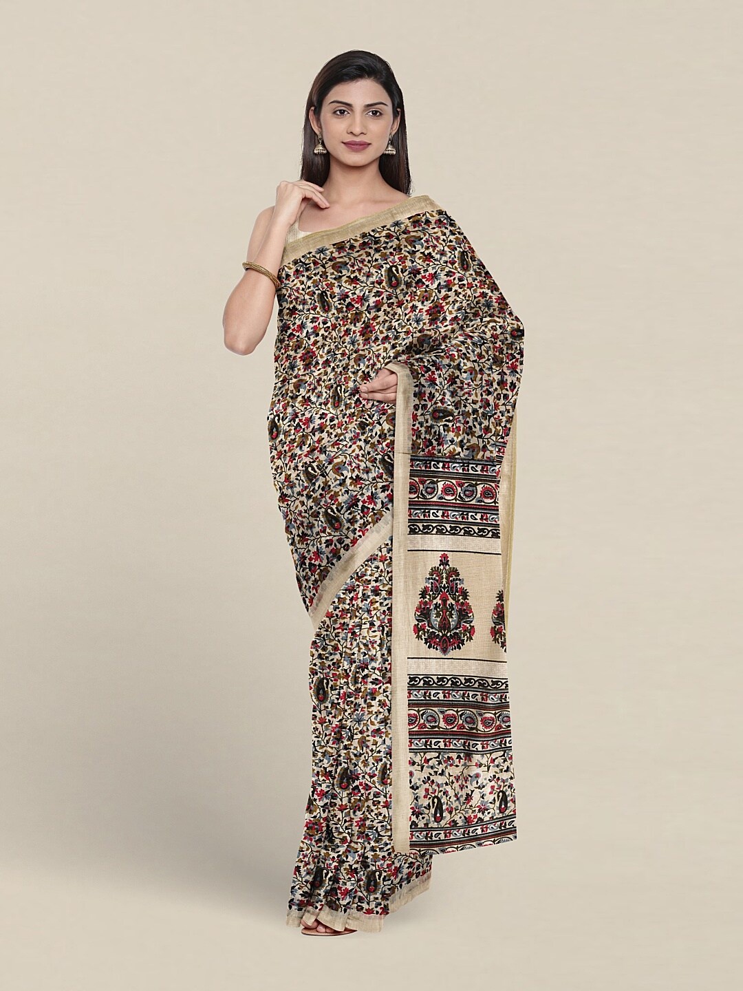 

Pothys Cream-Coloured & Grey Ethnic Motifs Saree