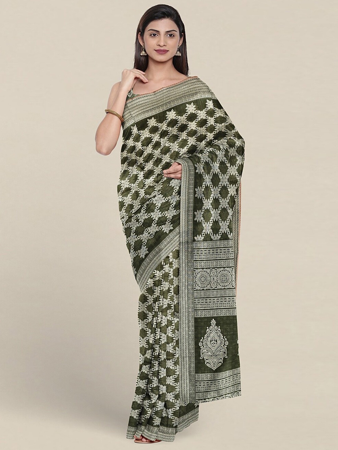 

Pothys Geometric Printed Cotton Blend Saree, Green