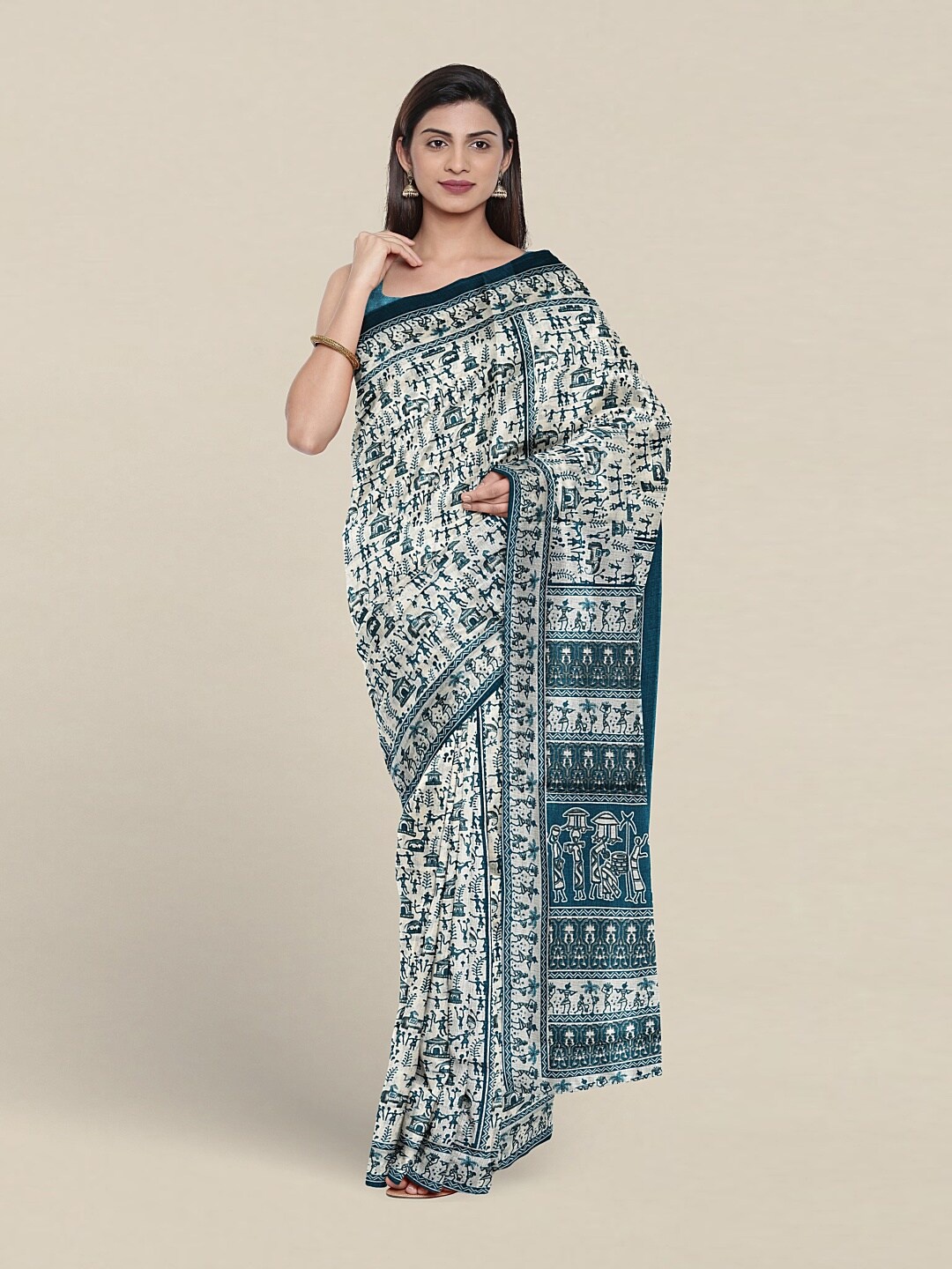 

Pothys Cream-Coloured & Blue Ethnic Motifs Saree