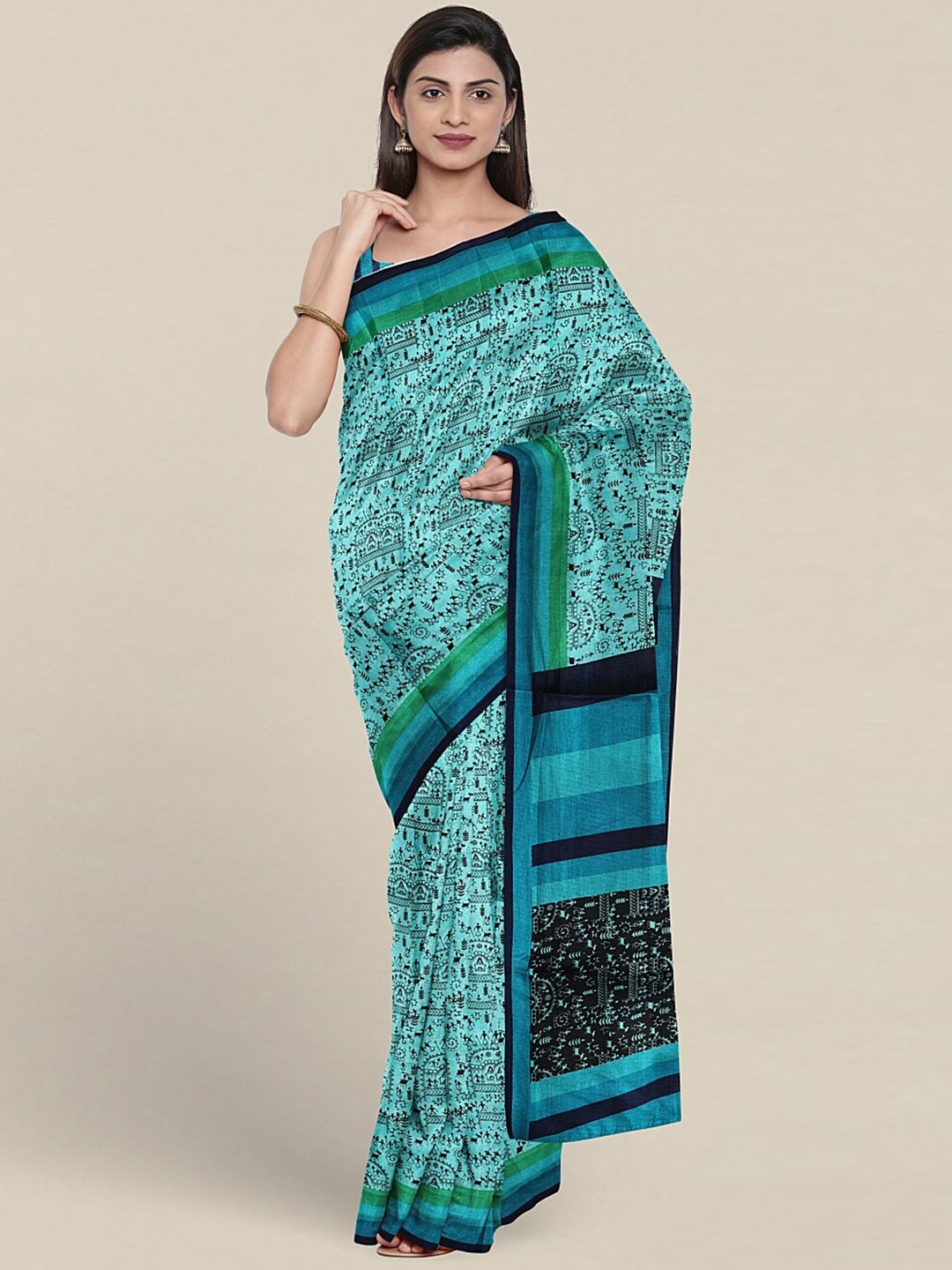 

Pothys Warli Printed Cotton Blend Saree, Blue