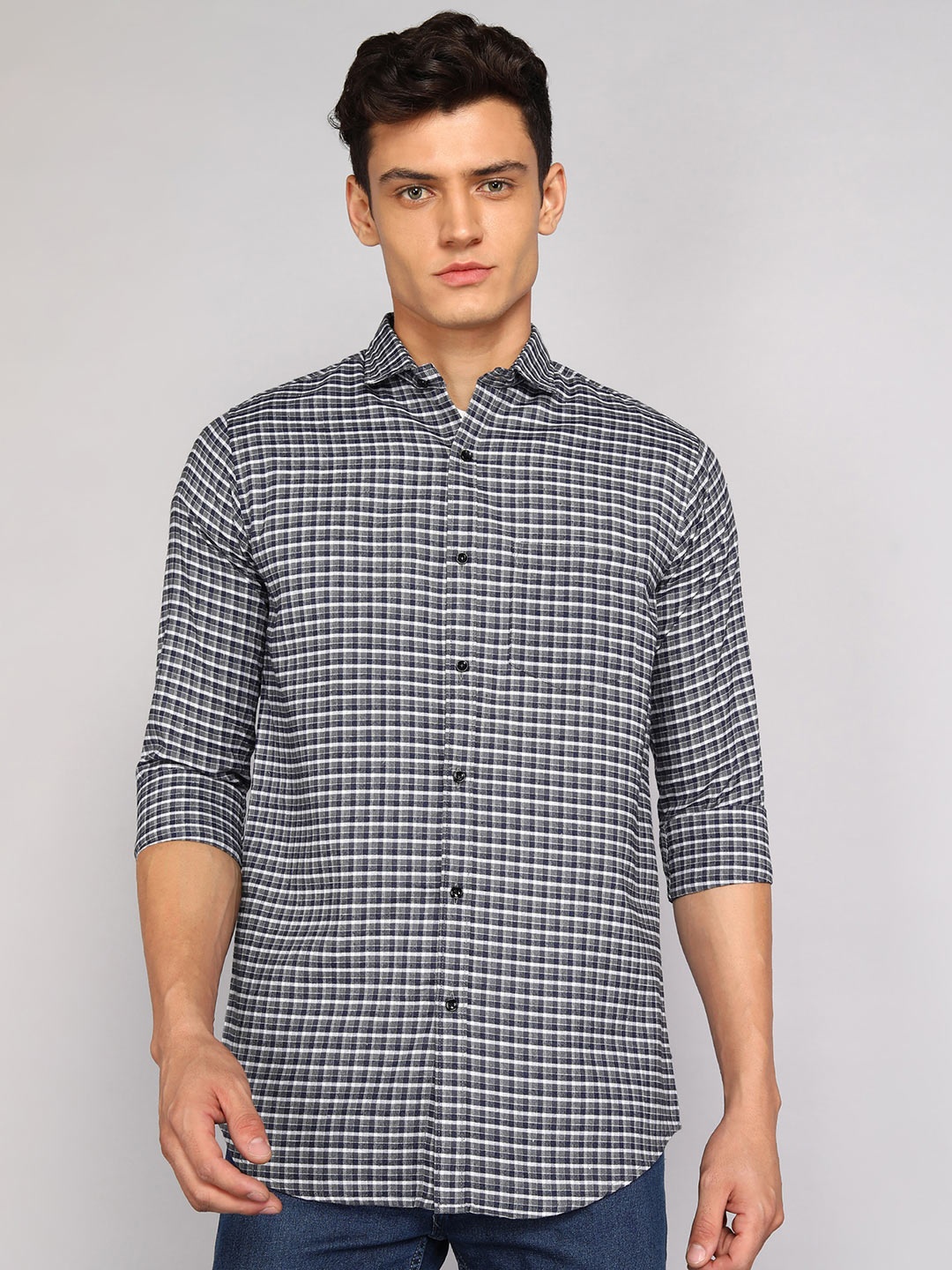 

Fibermill Slim Fit Checked Cotton Casual Shirt, Grey
