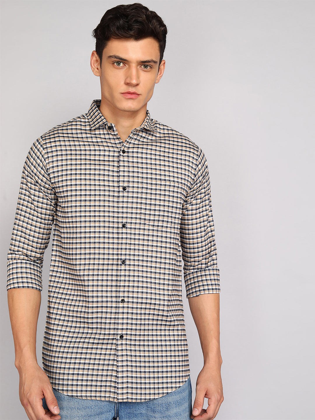 

Fibermill Slim Fit Gingham Checked Cotton Casual Shirt, Khaki