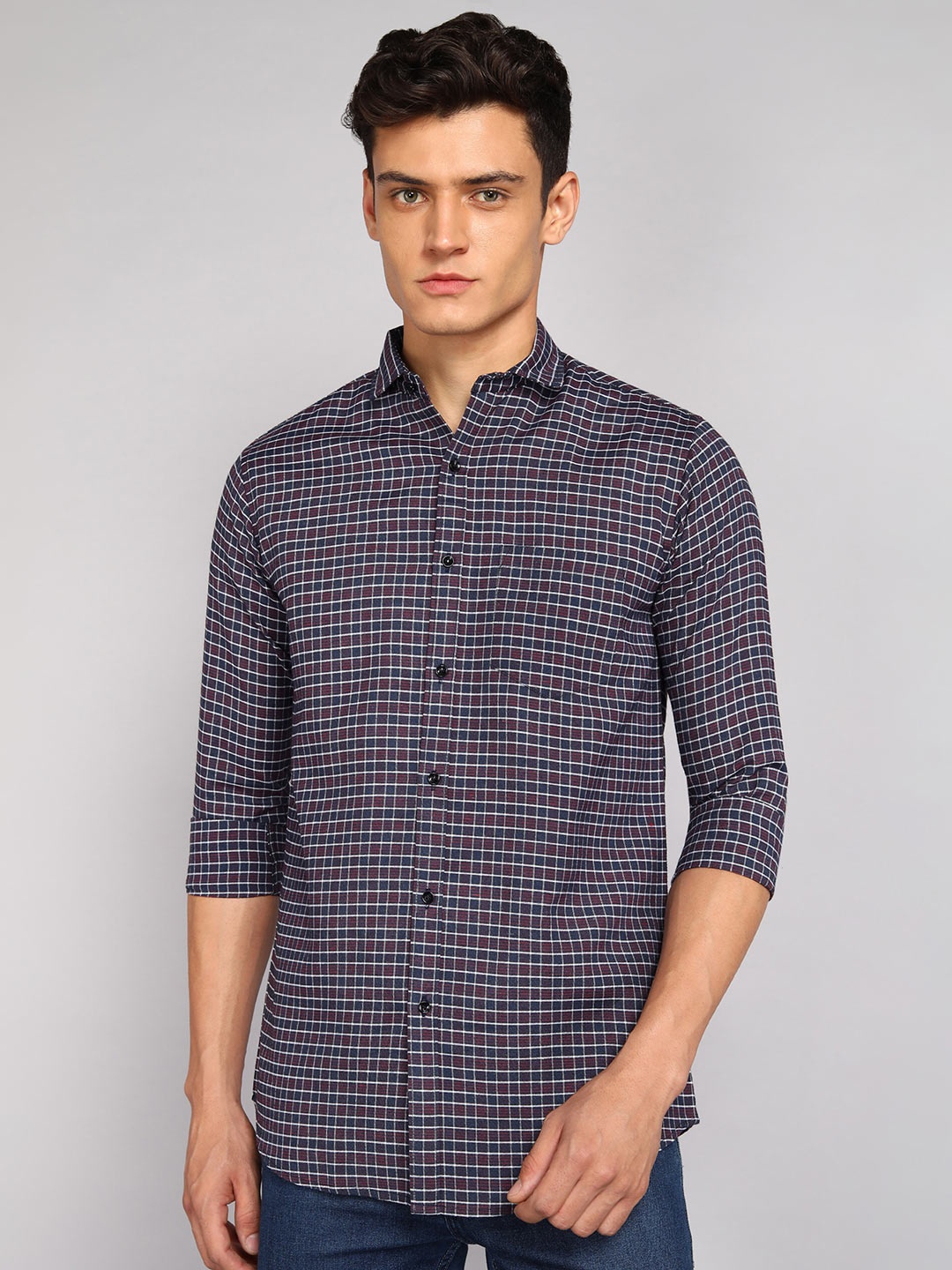 

Fibermill Slim Fit Checked Cotton Casual Shirt, Navy blue