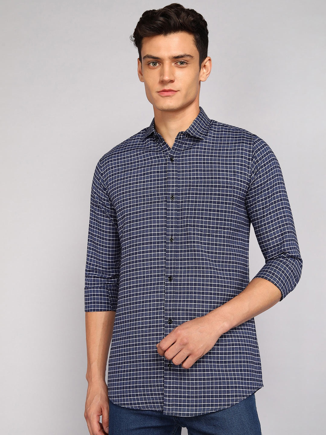 

Fibermill Slim Fit Checked Cotton Casual Shirt, Navy blue
