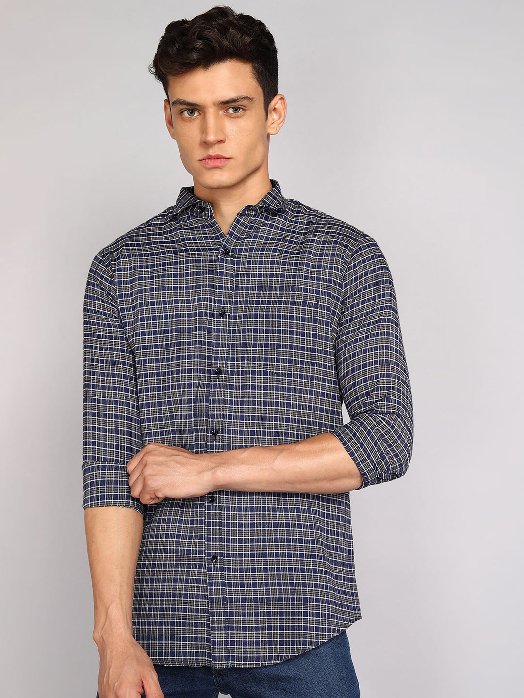 

Fibermill Slim Fit Checked Cotton Casual Shirt, Navy blue