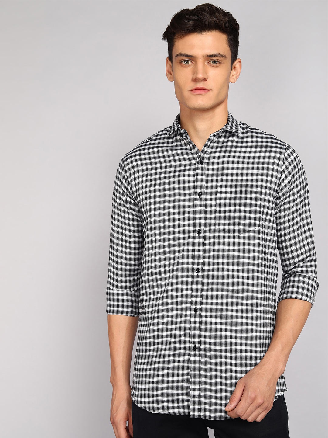 

Fibermill Slim Fit Gingham Checked Cotton Casual Shirt, Black