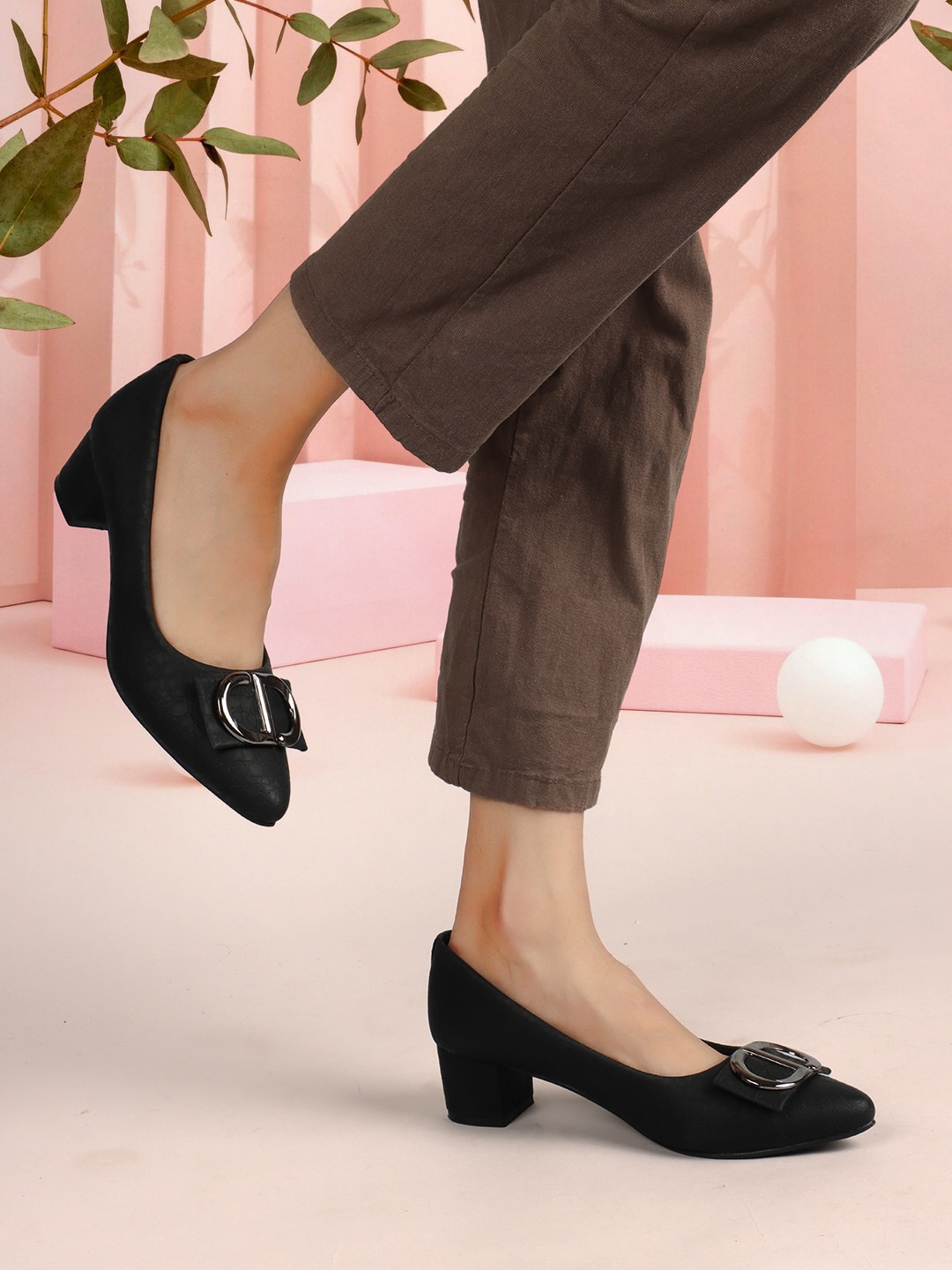 

ICONICS Embellished Block Pumps with Buckles, Black