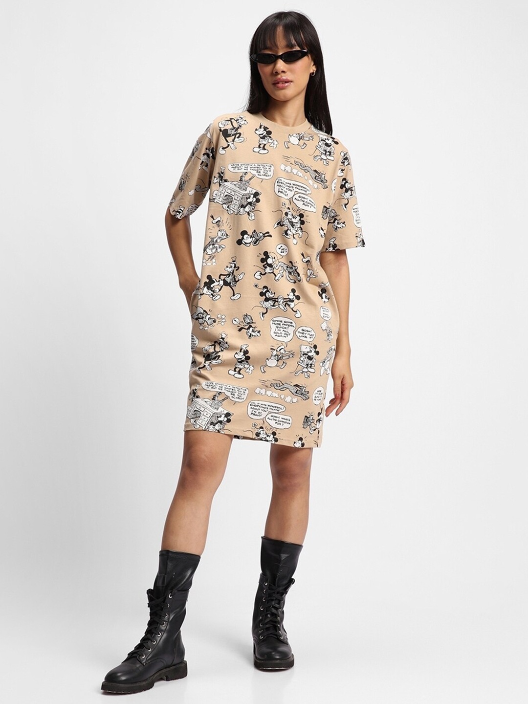 

Bewakoof x OFFICIAL DISNEY MERCHANDISE Women All Over Printed Oversized Dress, Beige