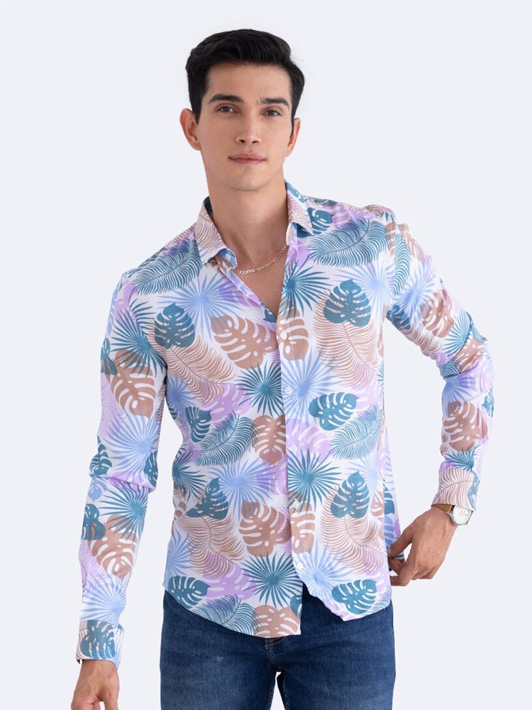 

Snitch Pink Classic Slim Fit Tropical Printed Casual Shirt