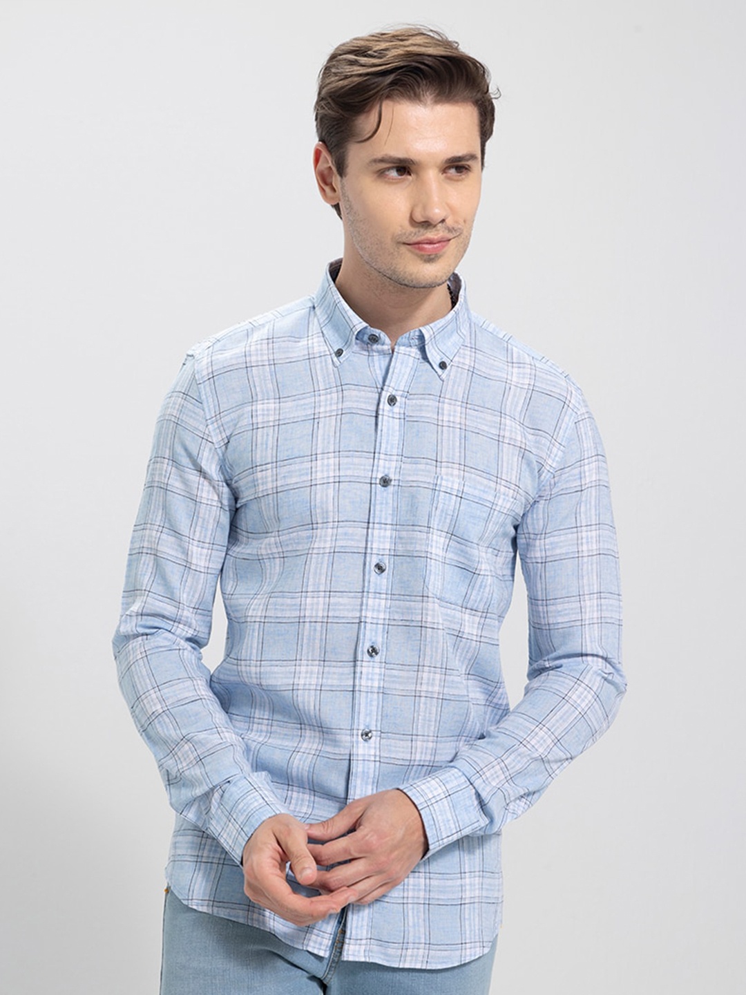 

Snitch Blue & White Classic Slim Fit Checked Casual Shirt