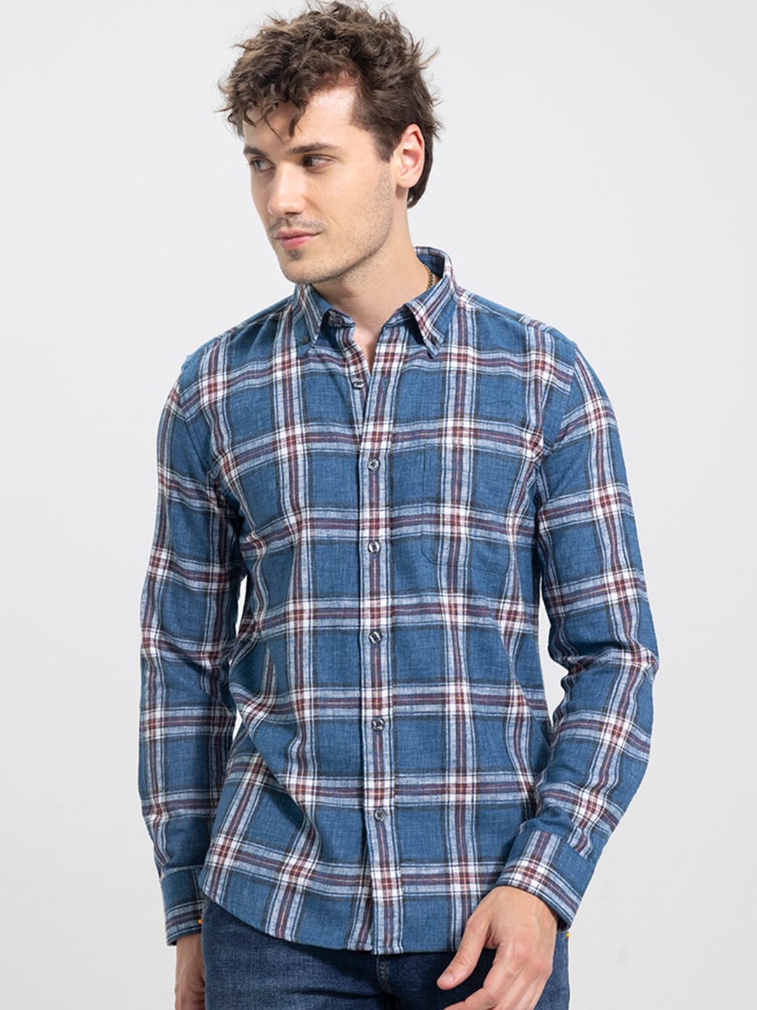 

Snitch Navy Blue & White Classic Slim Fit Tartan Checked Casual Shirt