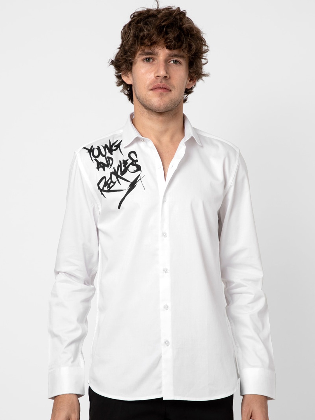 

Snitch White Classic Slim Fit Opaque Reckless Typography Printed Cotton Casual Shirt