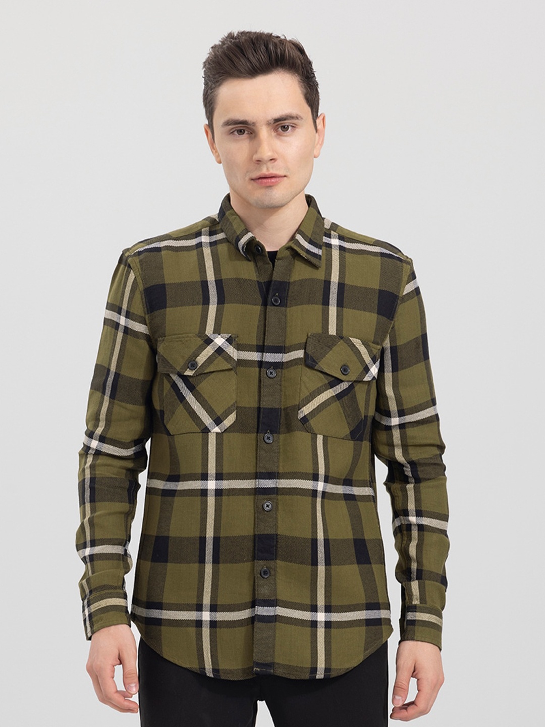 

Snitch Olive Green Classic Slim Fit Tartan Checked Cotton Casual Shirt
