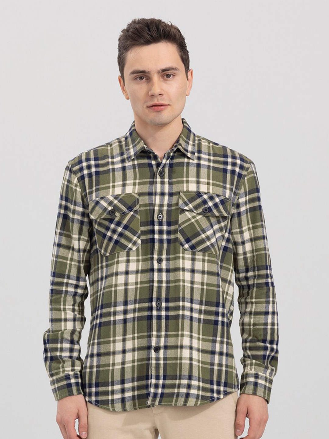 

Snitch Green Classic Slim Fit Tartan Cotton Checked Casual Shirt