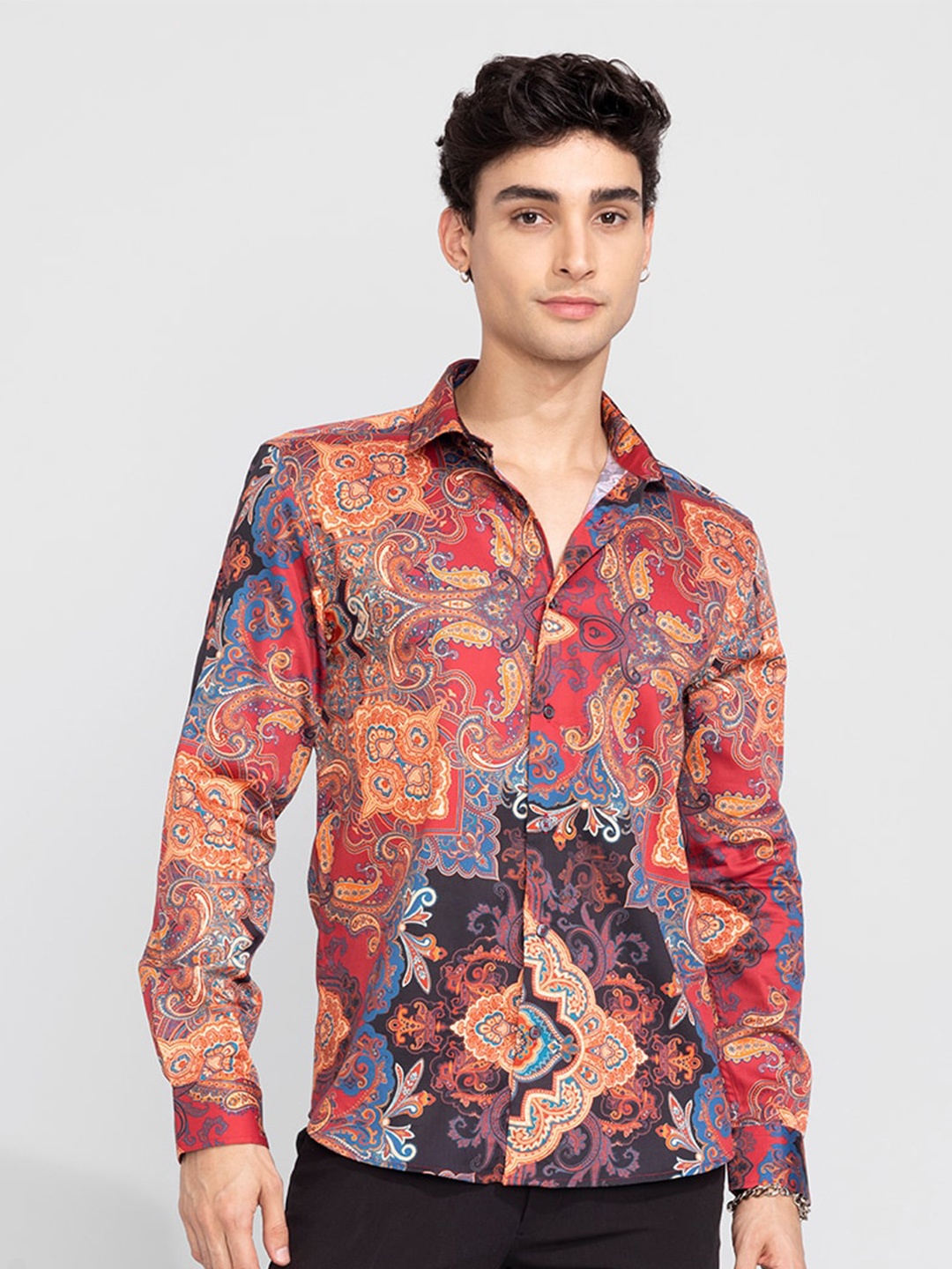 

Snitch Orange Classic Slim Fit Ethnic Printed Cotton Casual Shirt
