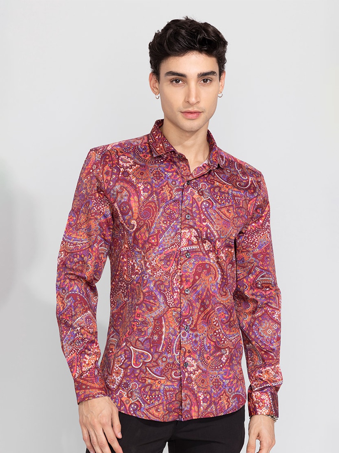 

Snitch Pink Classic Slim Fit Ethnic Printed Casual Cotton Shirt