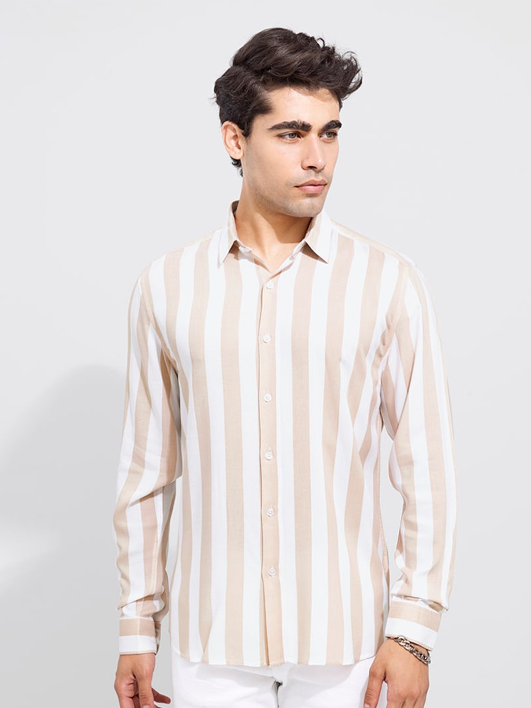 

Snitch Men Classic Slim Fit Striped Casual Shirt, Beige