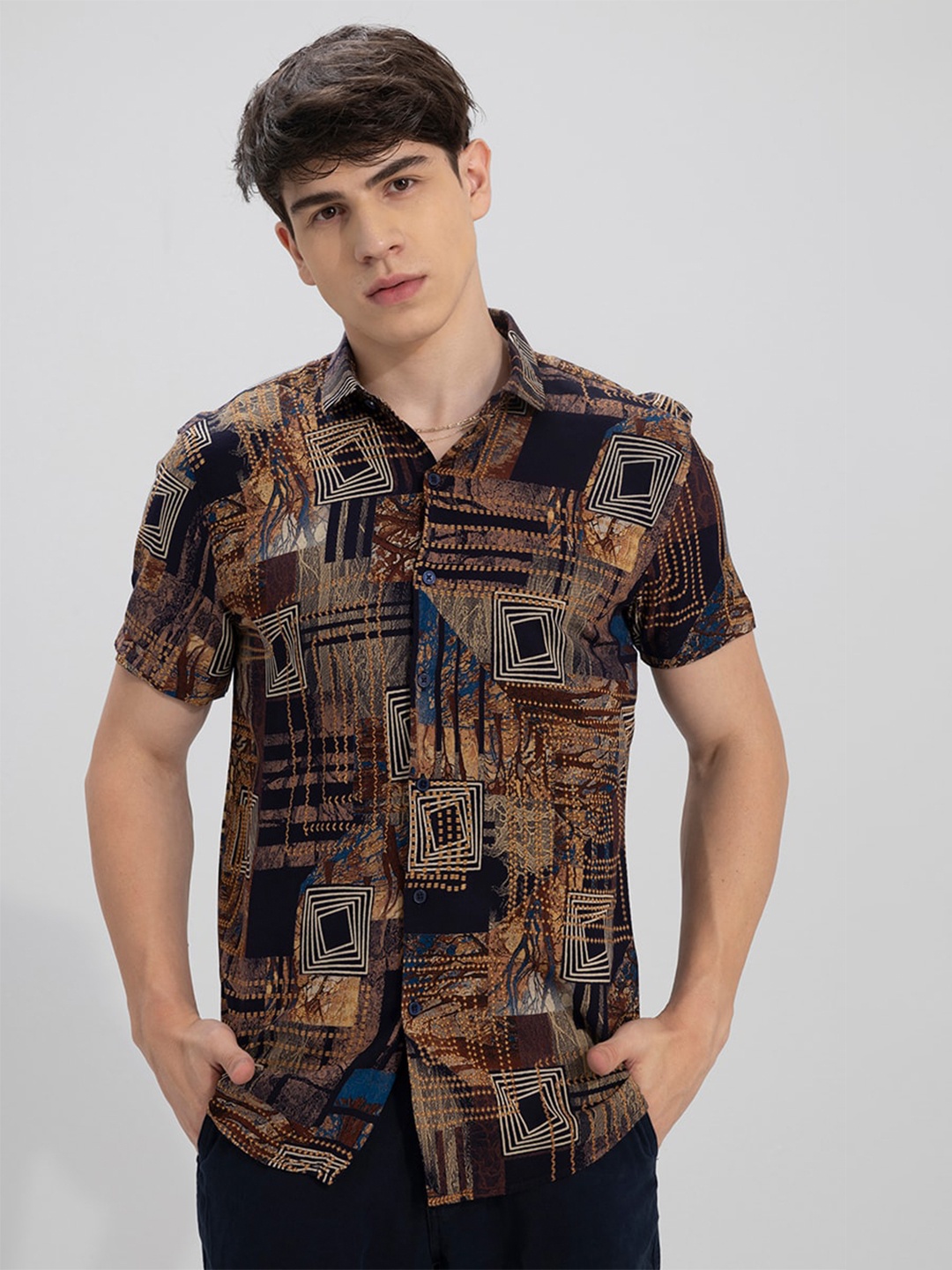 

Snitch Men Classic Slim Fit Printed Casual Shirt, Brown