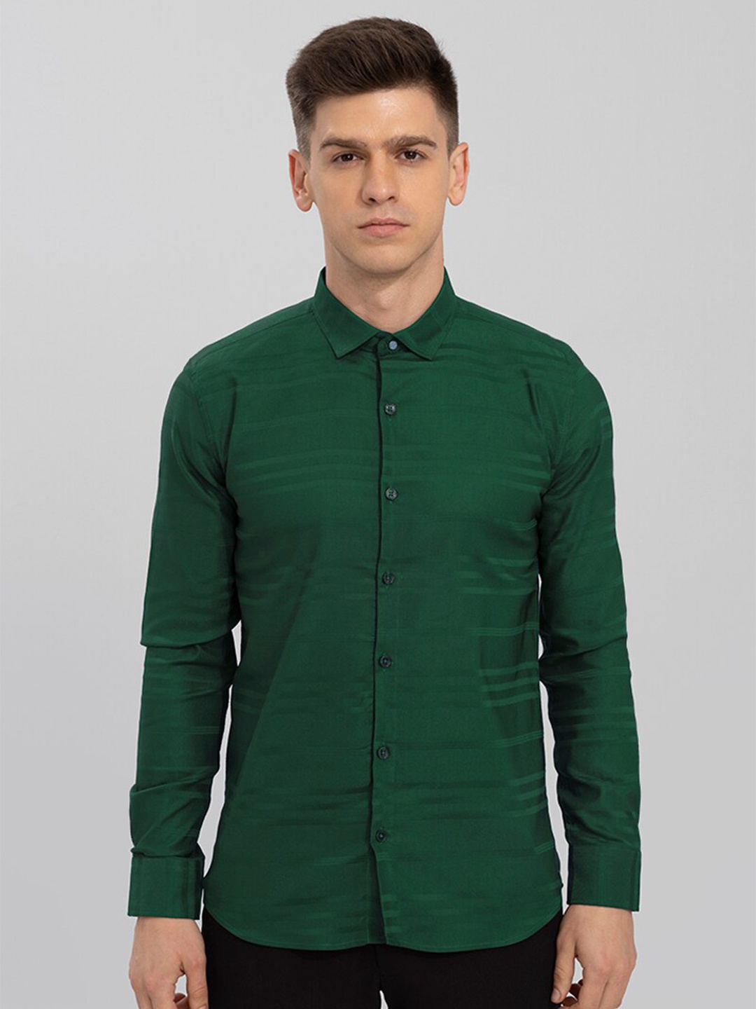 

Snitch Men Classic Slim Fit Horizontal Striped Cotton Casual Shirt, Green