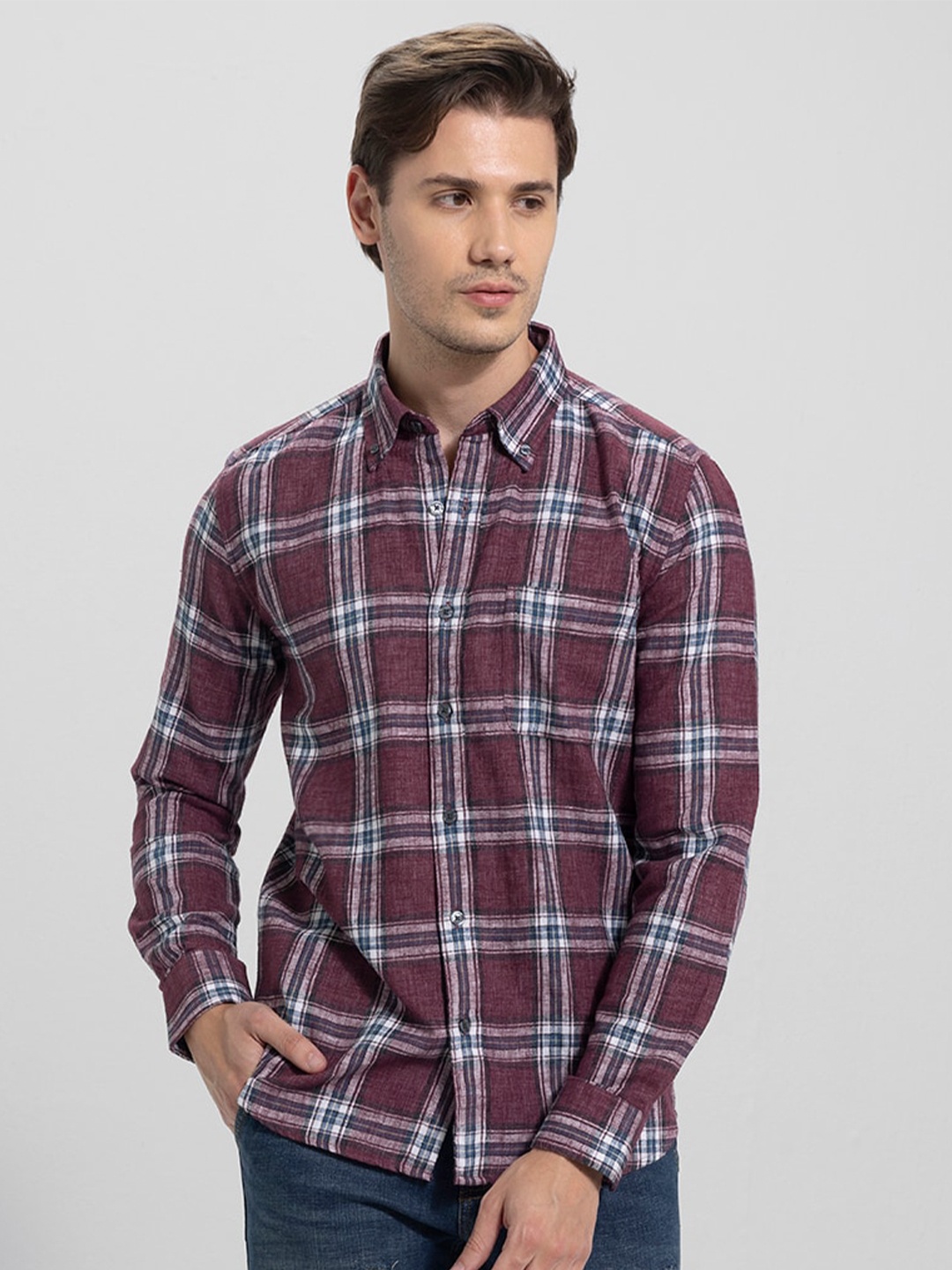 

Snitch Maroon Classic Slim Fit Tartan Checked Cotton Casual Shirt