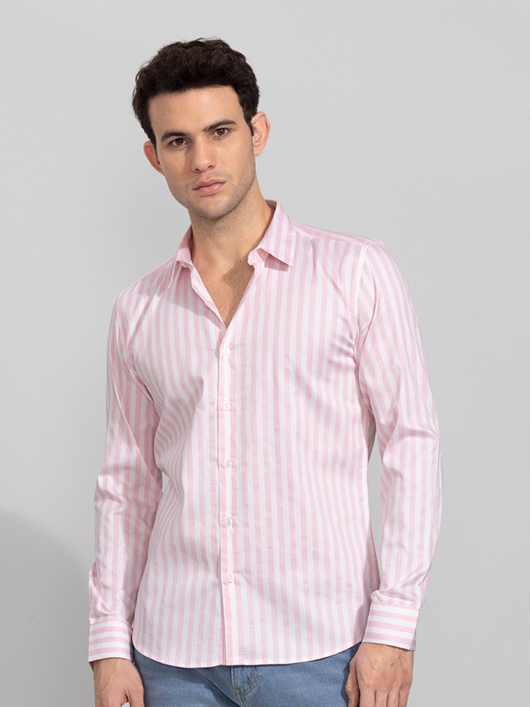 

Snitch Pink Classic Slim Fit Opaque Striped Casual Shirt