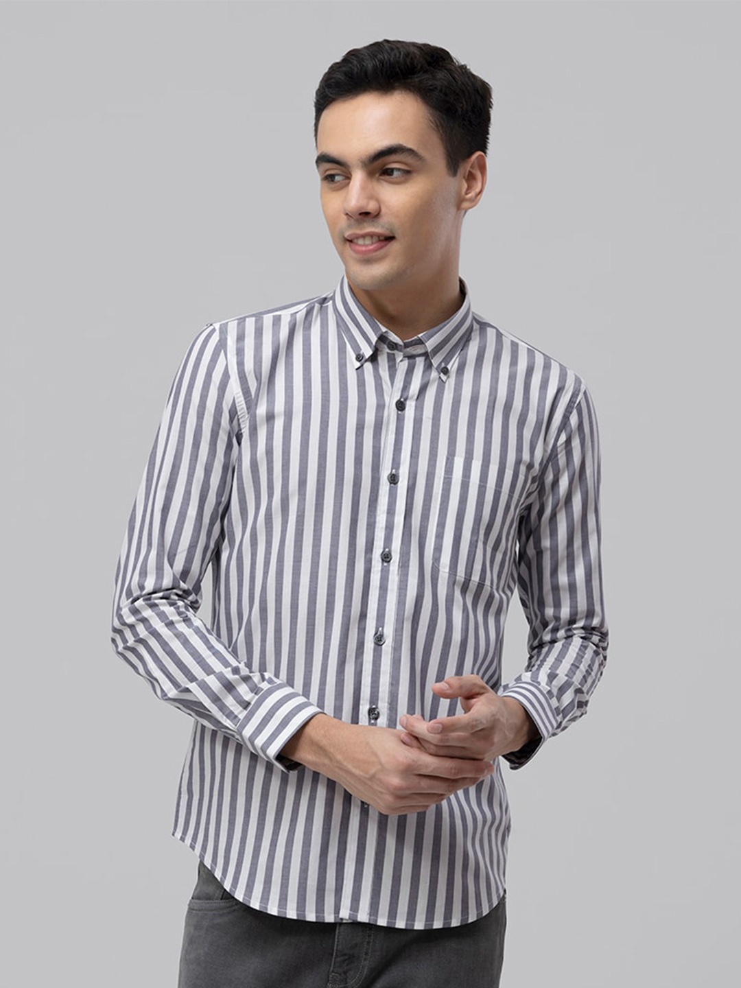 

Snitch Classic Striped Button-Down Collar Slim Fit Cotton Casual Shirt, White