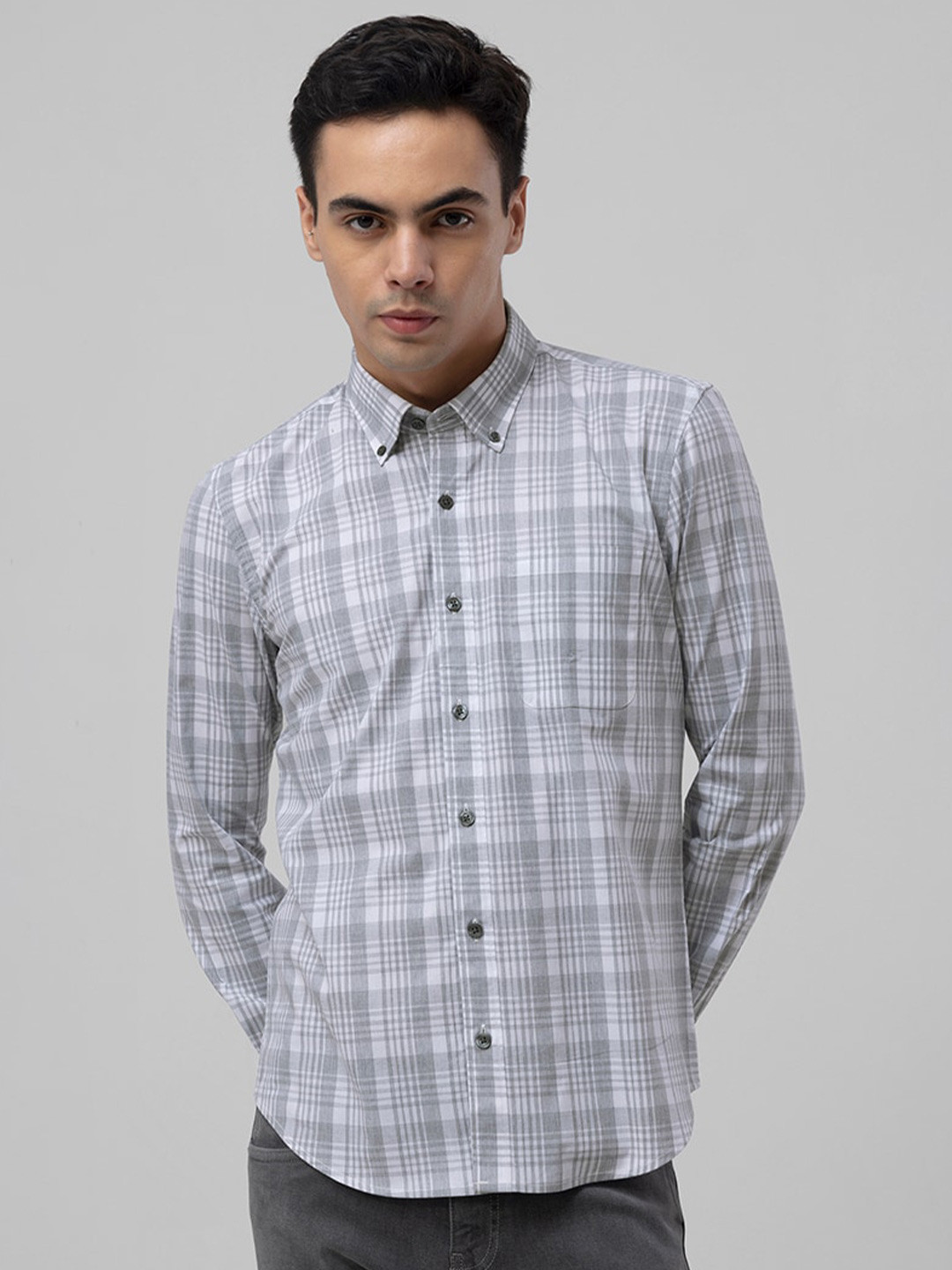

Snitch Classic Slim Fit Tartan Checked Cotton Casual Shirt, Grey