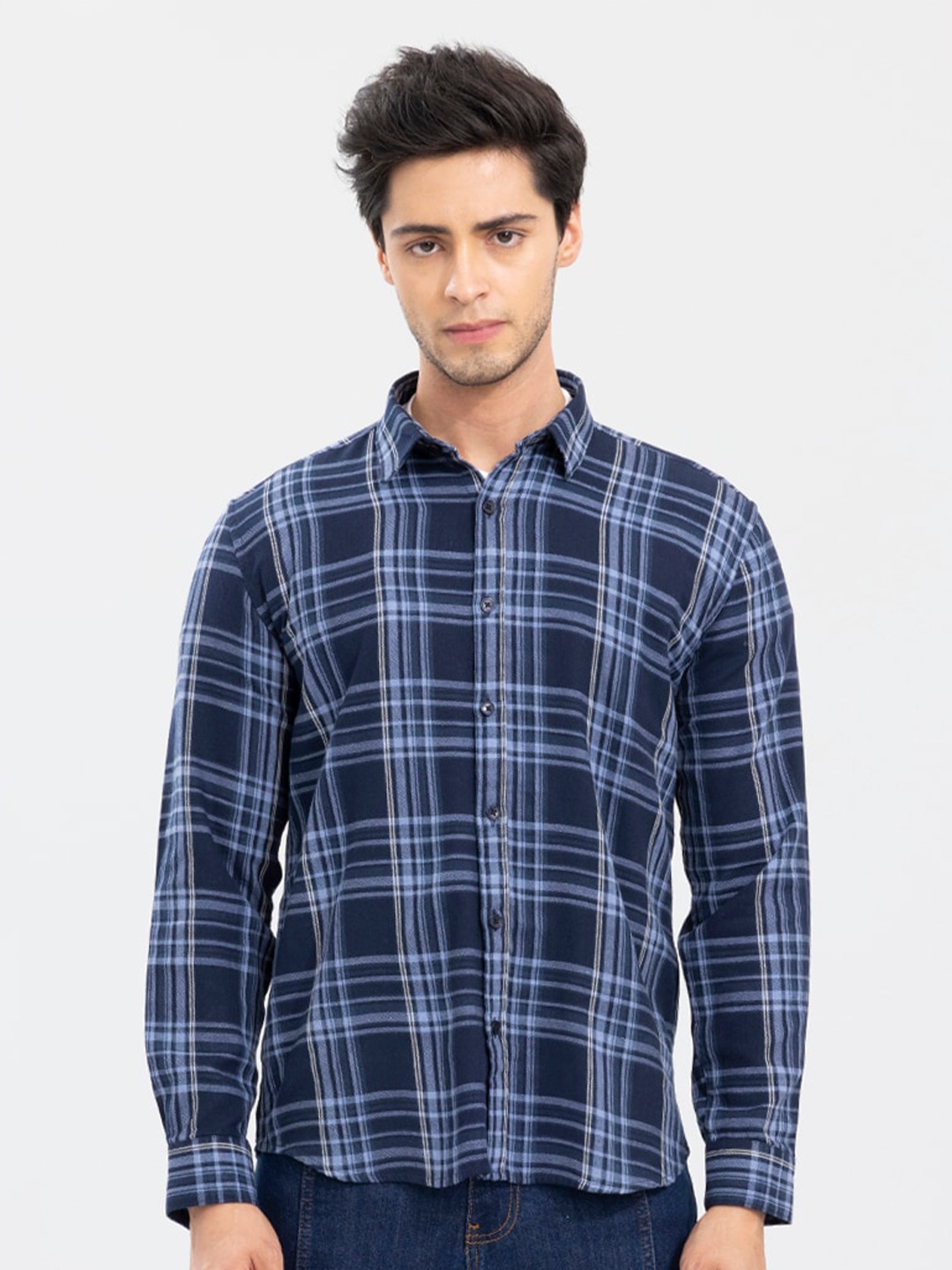 

Snitch Classic Navy Blue Slim Fit Tartan Checked Cotton Casual Shirt