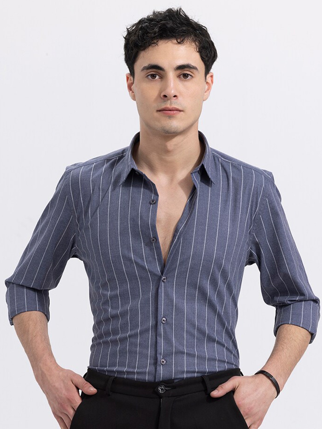 

Snitch Grey Classic Vertical Striped Cotton Casual Shirt