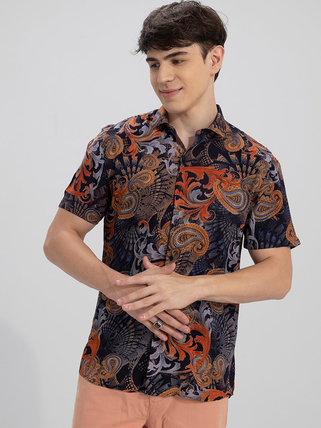 

Snitch Orange And Blue Classic Abstract Printed Casual Shirt