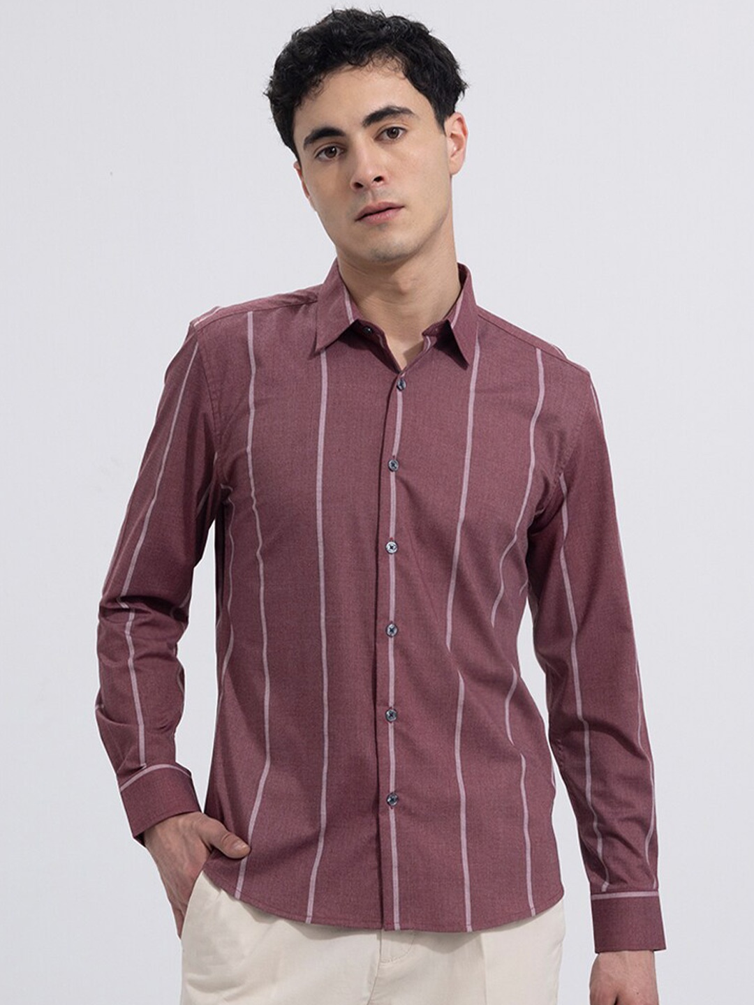 

Snitch Red Classic Vertical Striped Cotton Casual Shirt