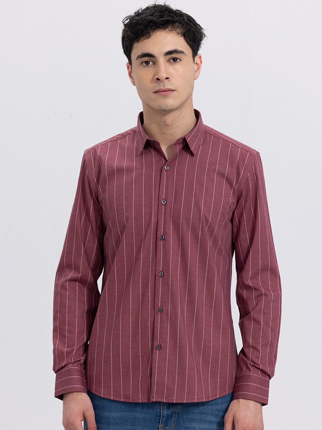 

Snitch Red Classic Vertical Striped Cotton Shirt