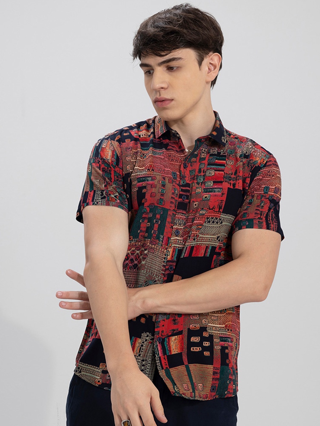

Snitch Red And Black Classic Abstract Printed Casual Shirt