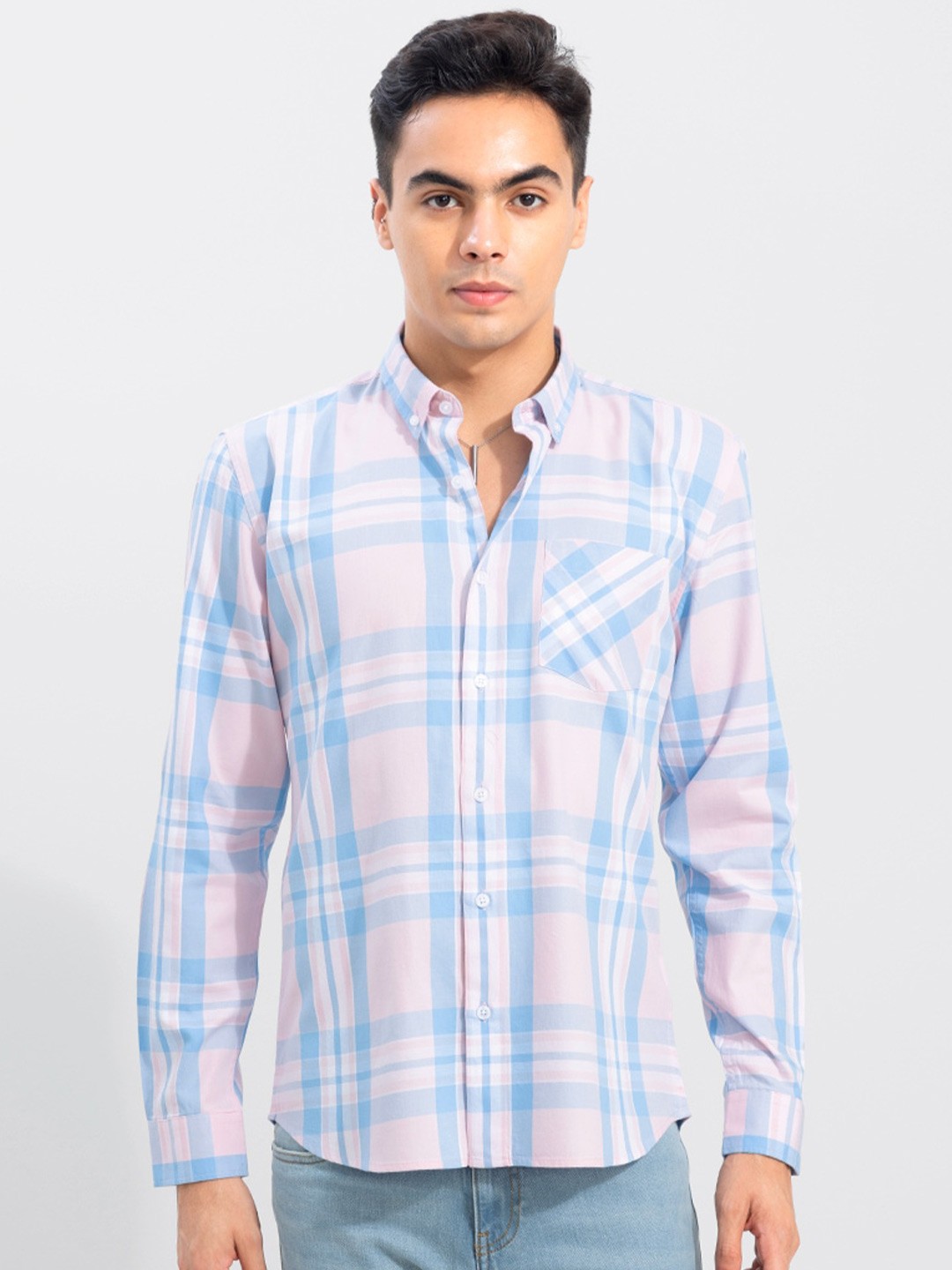 

Snitch Pink And Blue Classic Checked Cotton Casual Shirt
