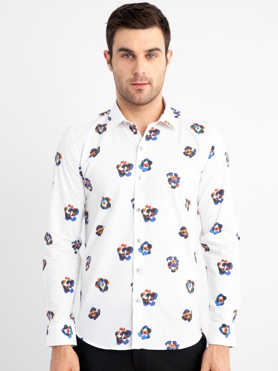 

Snitch White And Blue Classic Conversational Printed Cotton Shirt