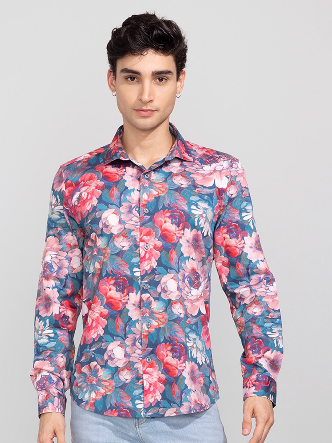 

Snitch Blue And Pink Classic Floral Printed Cotton Shirt