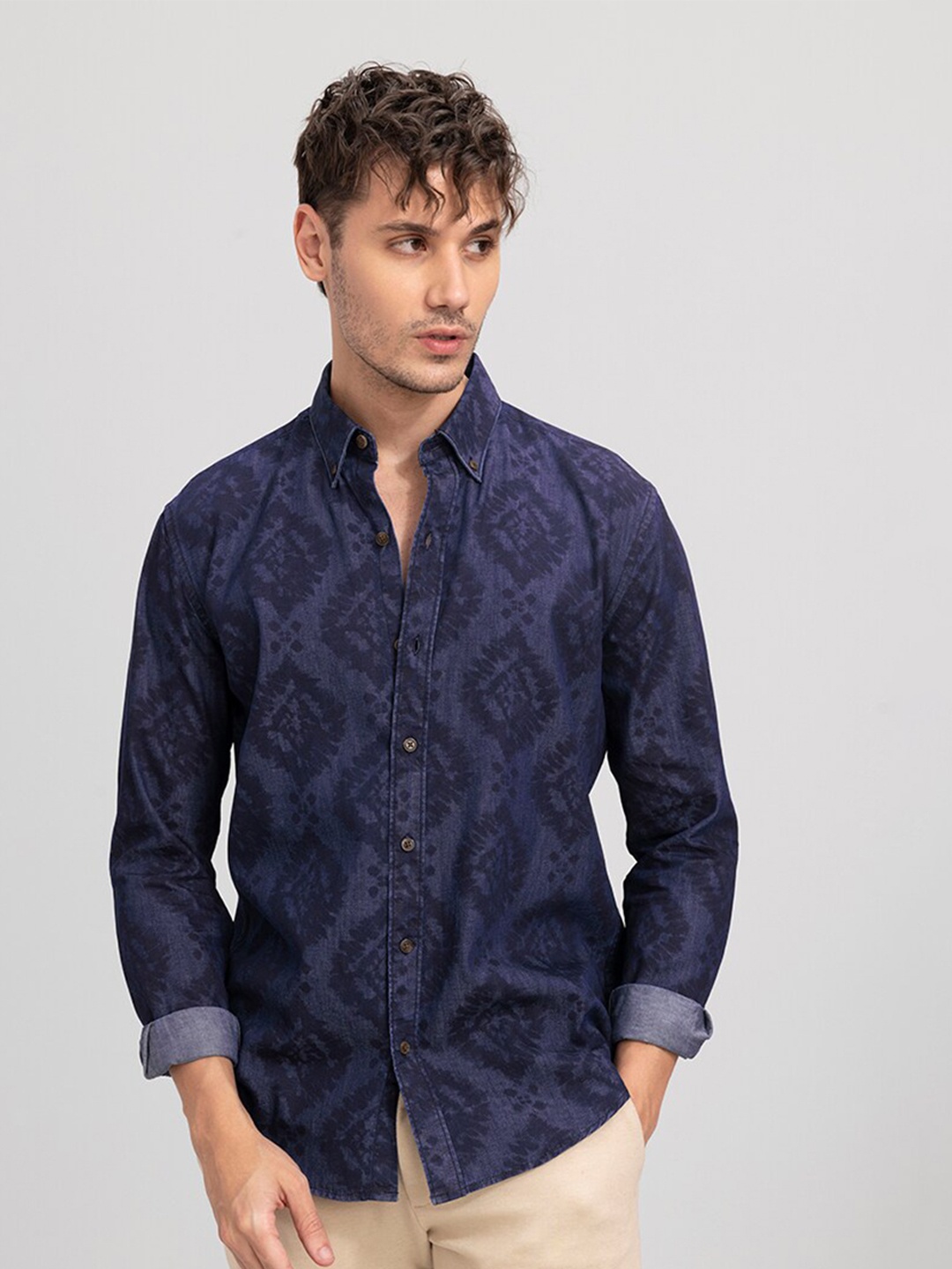 

Snitch Blue Classic Ethnic Motifs Printed Cotton Shirt