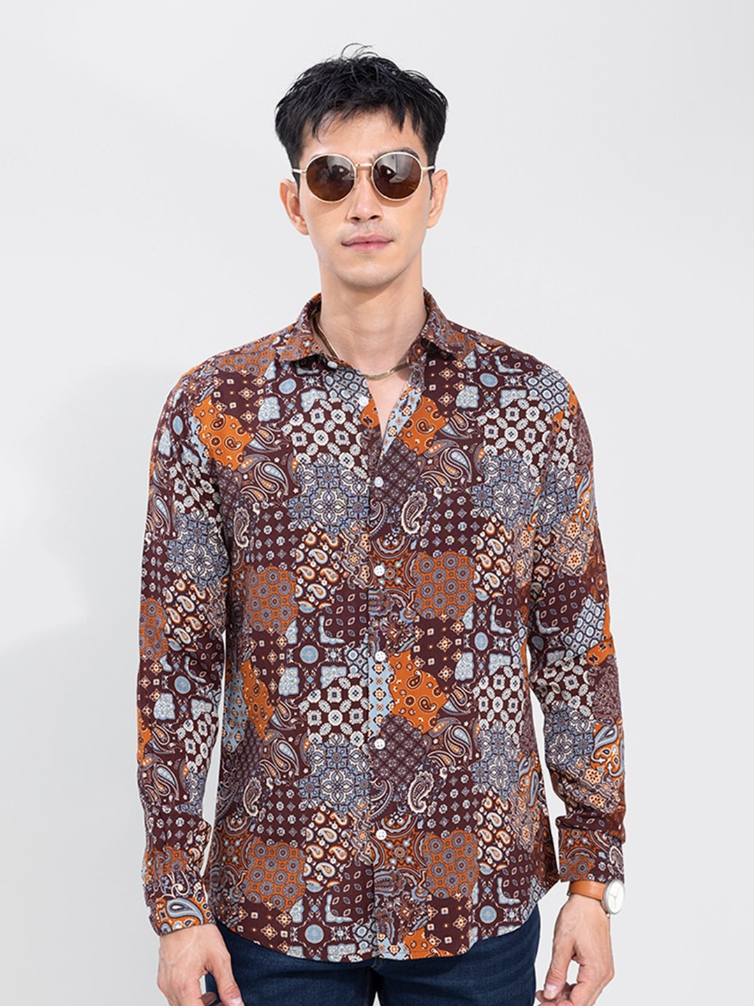 

Snitch Brown & Orange Classic Ethnic Motifs Printed Shirt