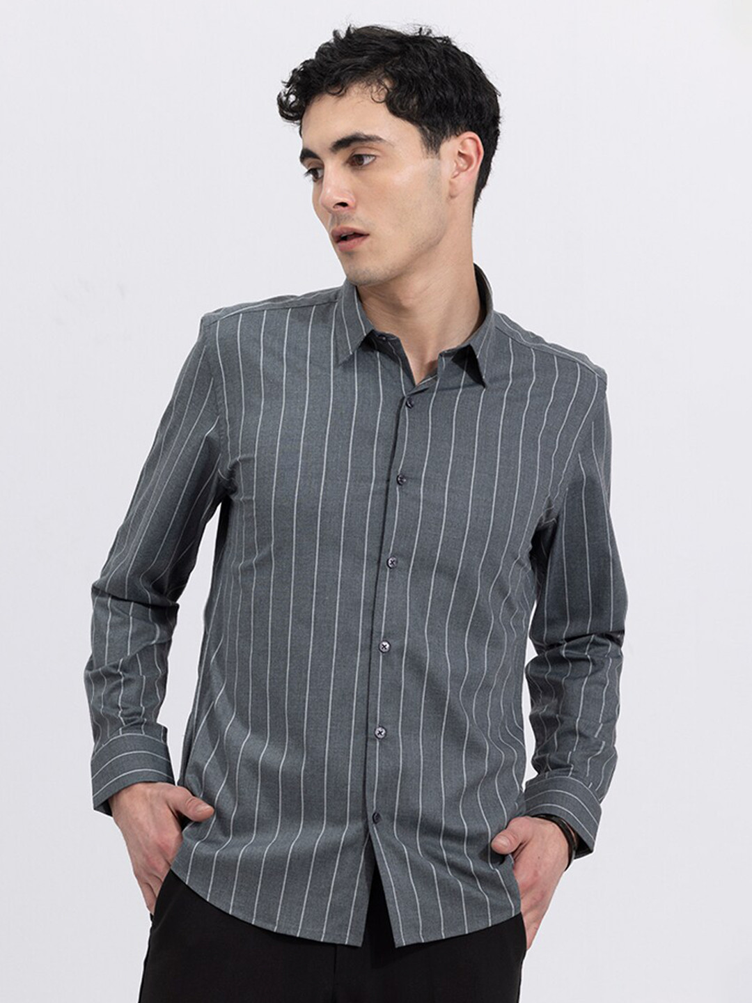 

Snitch Grey Classic Slim Fit Opaque Striped Cotton Casual Shirt