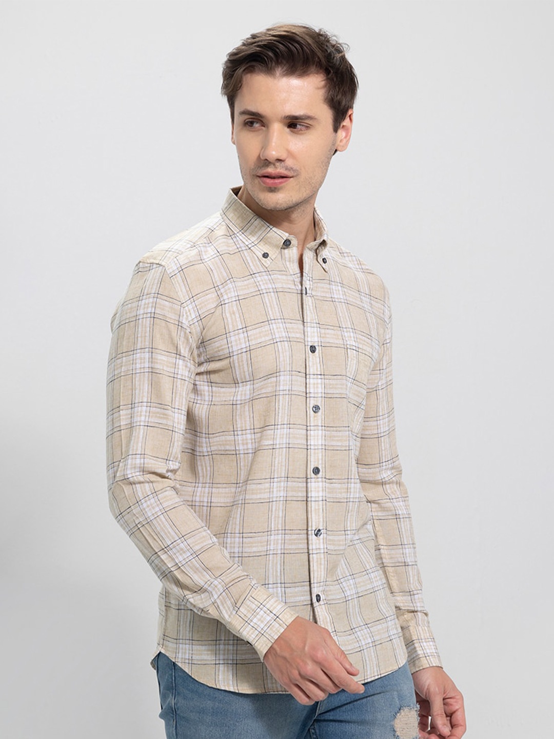 

Snitch Beige Classic Slim Fit Tartan Checks Casual Shirt