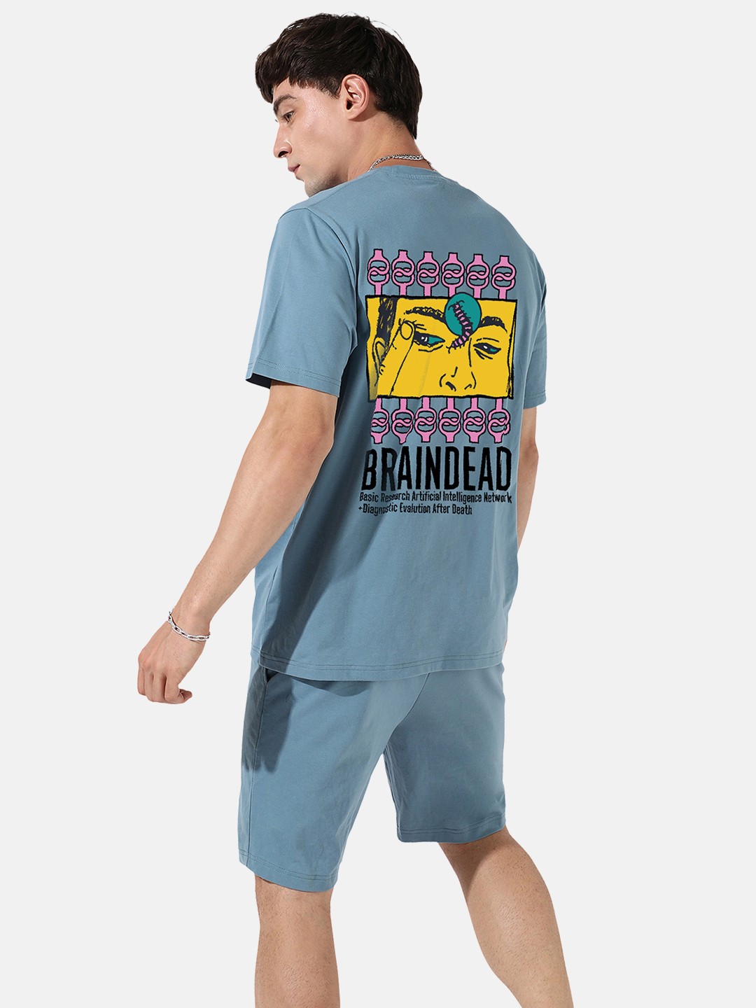 

Campus Sutra Blue Printed Round Neck T-shirt With Shorts