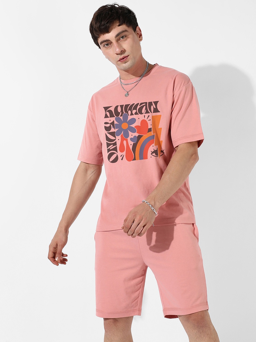 

Campus Sutra Pink Printed Round Neck T-shirt With Shorts