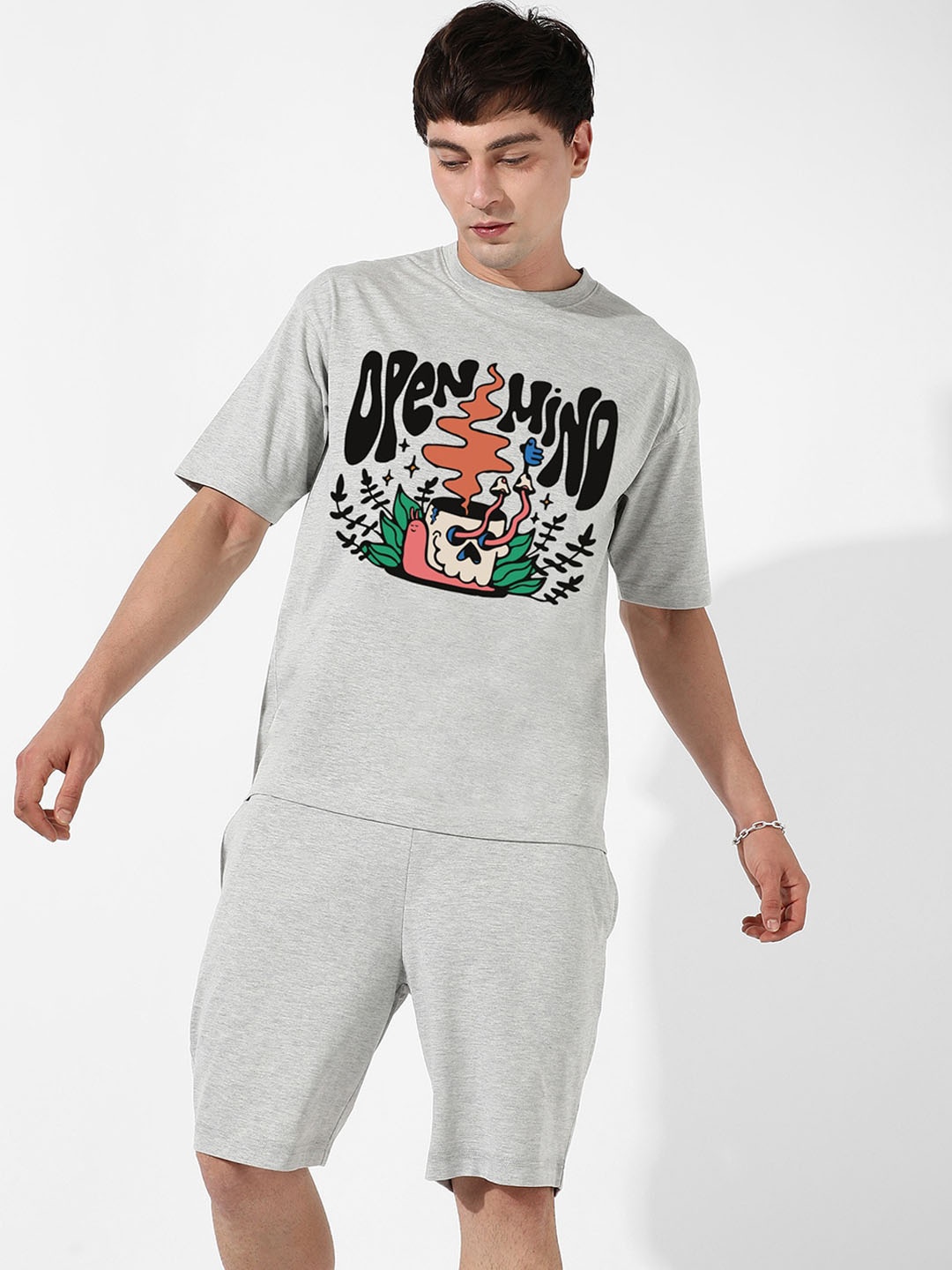 

Campus Sutra Grey Typography Printed Oversized T-shirt & Shorts