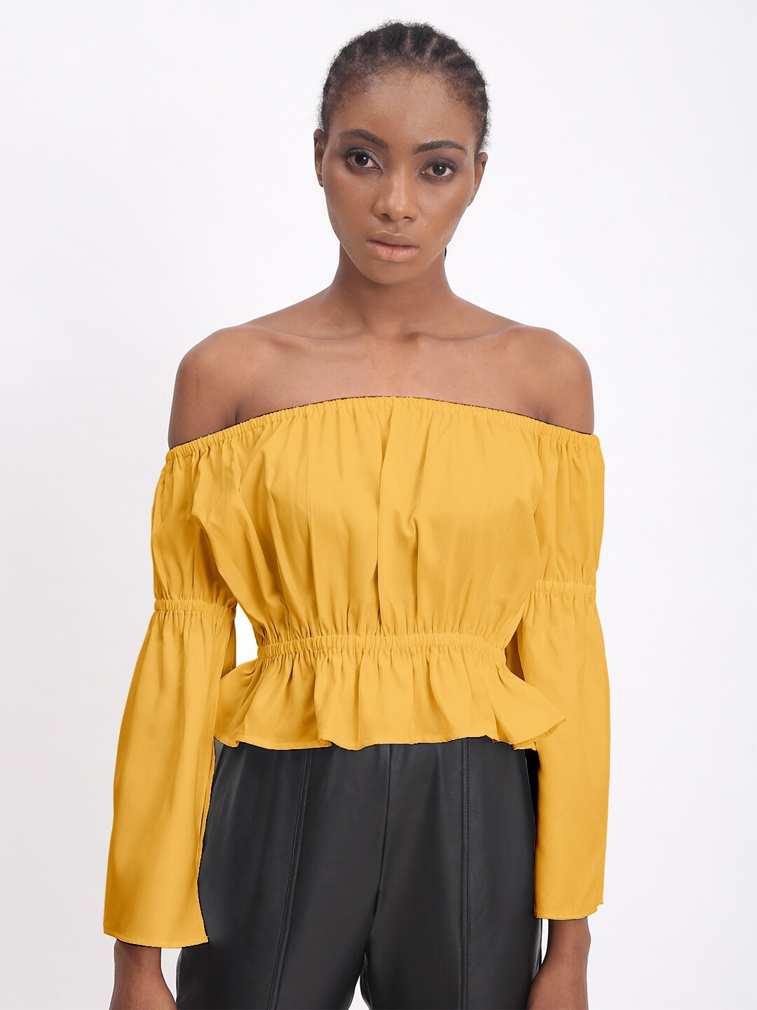 

Samshek Off-Shoulder Gathered Detail Crop Bardot Top, Mustard