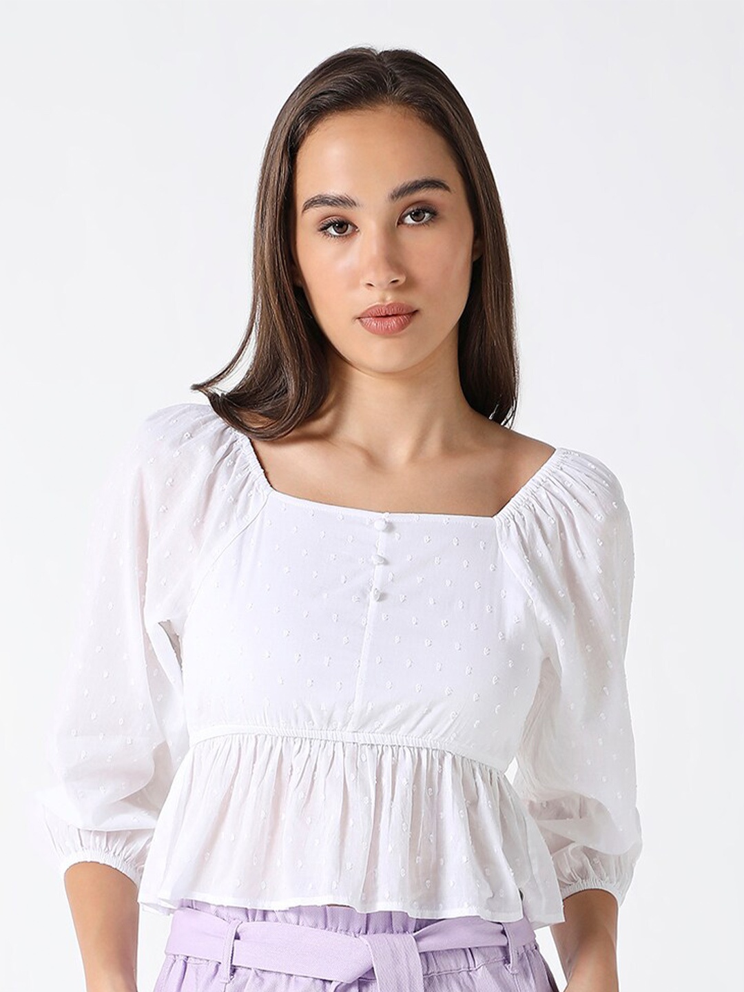 

Pepe Jeans Self Design Puff Sleeve Pure Cotton Peplum Top, White